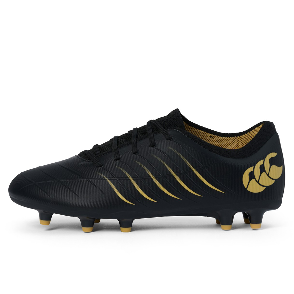 The Canterbury Phoenix 2.0 Pro FG - Black is a rugby boot from Canterbury, featuring gold accents such as stripes and logo, molded studs for firm ground play, and offers lightweight power on the pitch.