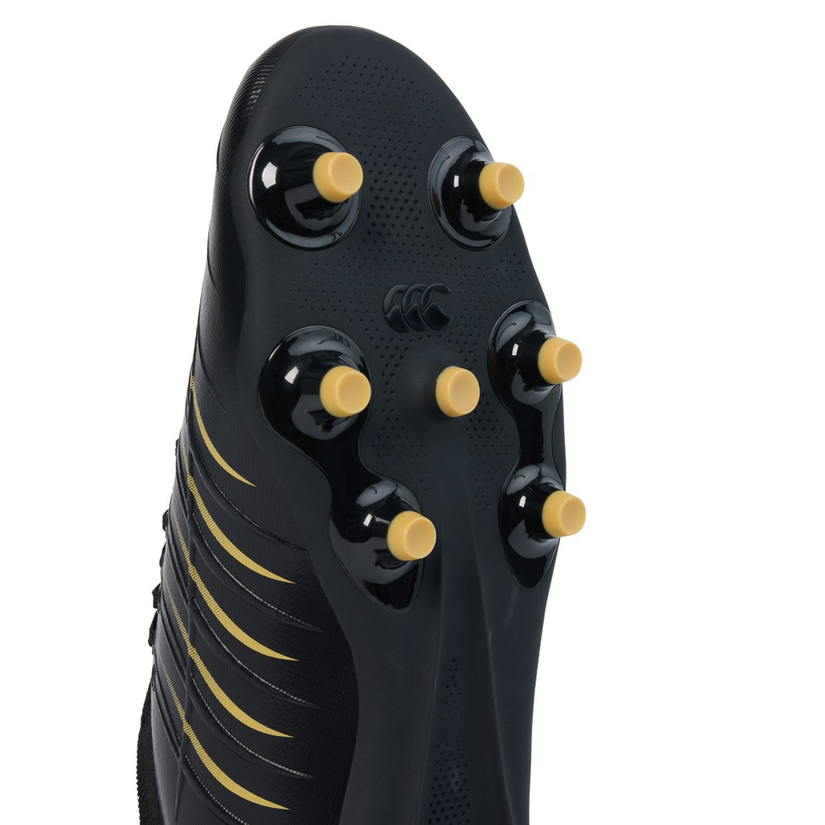 Close-up of the underside of the Canterbury Phoenix 2.0 Pro FG - Black rugby boot from Canterbury, a lightweight firm ground boot in black and yellow featuring six plastic studs and a textured sole for added power.