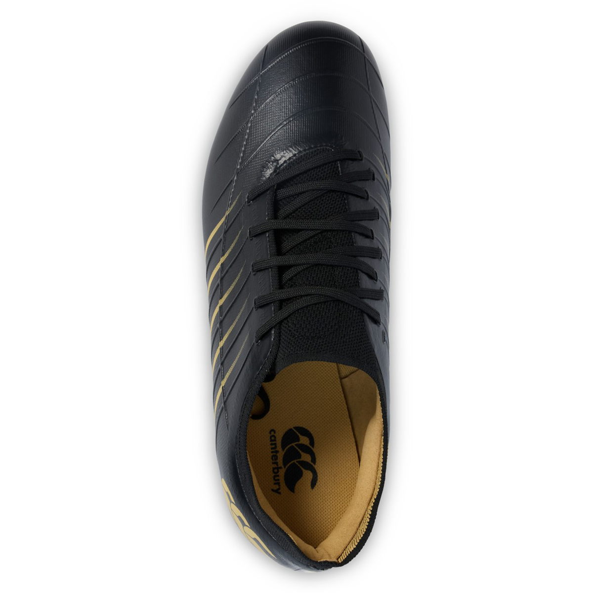 Canterbury Phoenix 2.0 Pro FG - Black: This athletic shoe features a black textured upper with gold accents, black laces, and a visible Canterbury logo on the gold insole. Designed for peak performance, this Firm Ground Boot by Canterbury delivers lightweight power for serious athletes.