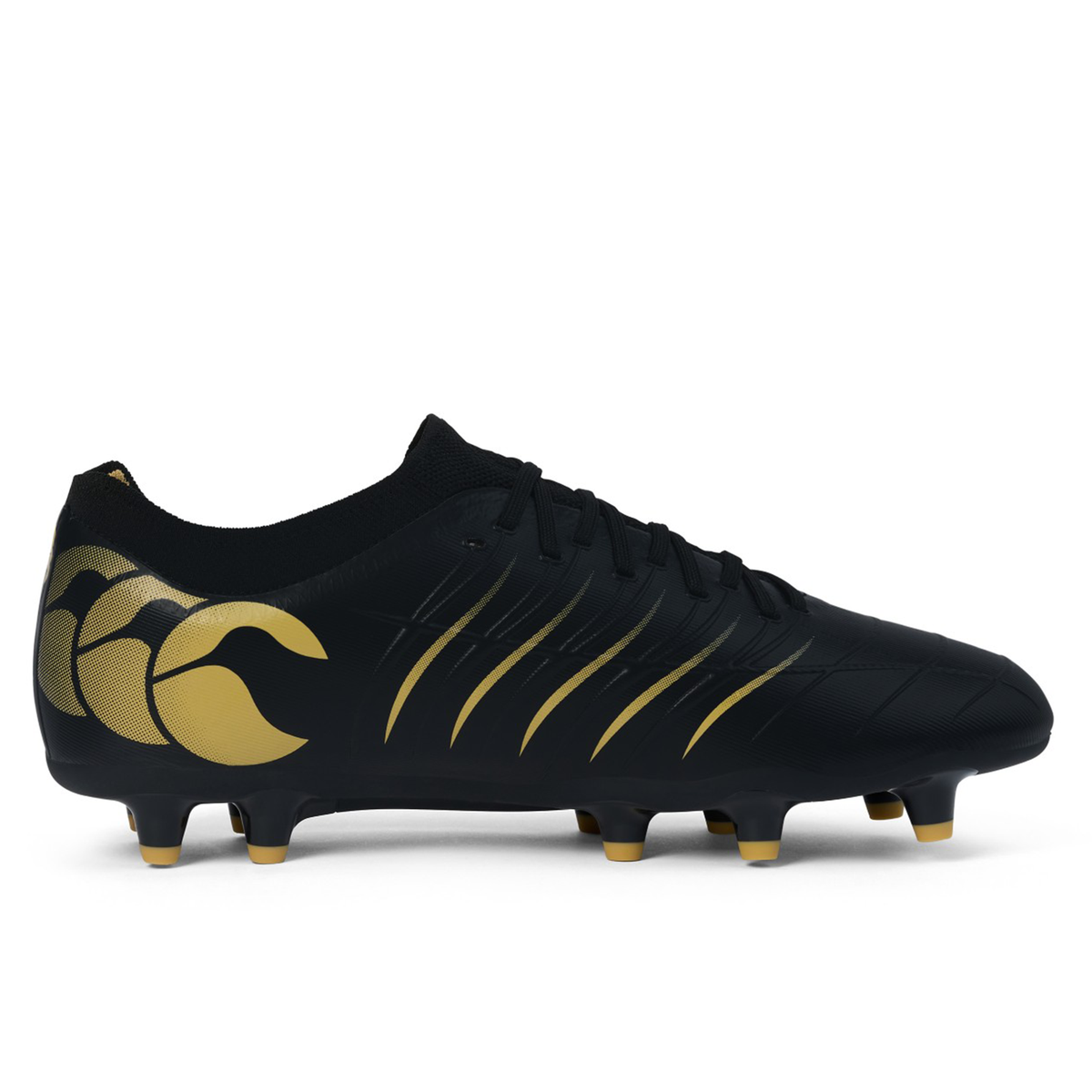 The Canterbury Phoenix 2.0 Pro FG - Black is a black and gold firm ground soccer cleat by Canterbury, featuring a patterned design, laces, and molded studs on the outsole for lightweight power and enhanced performance, shown from a side view.