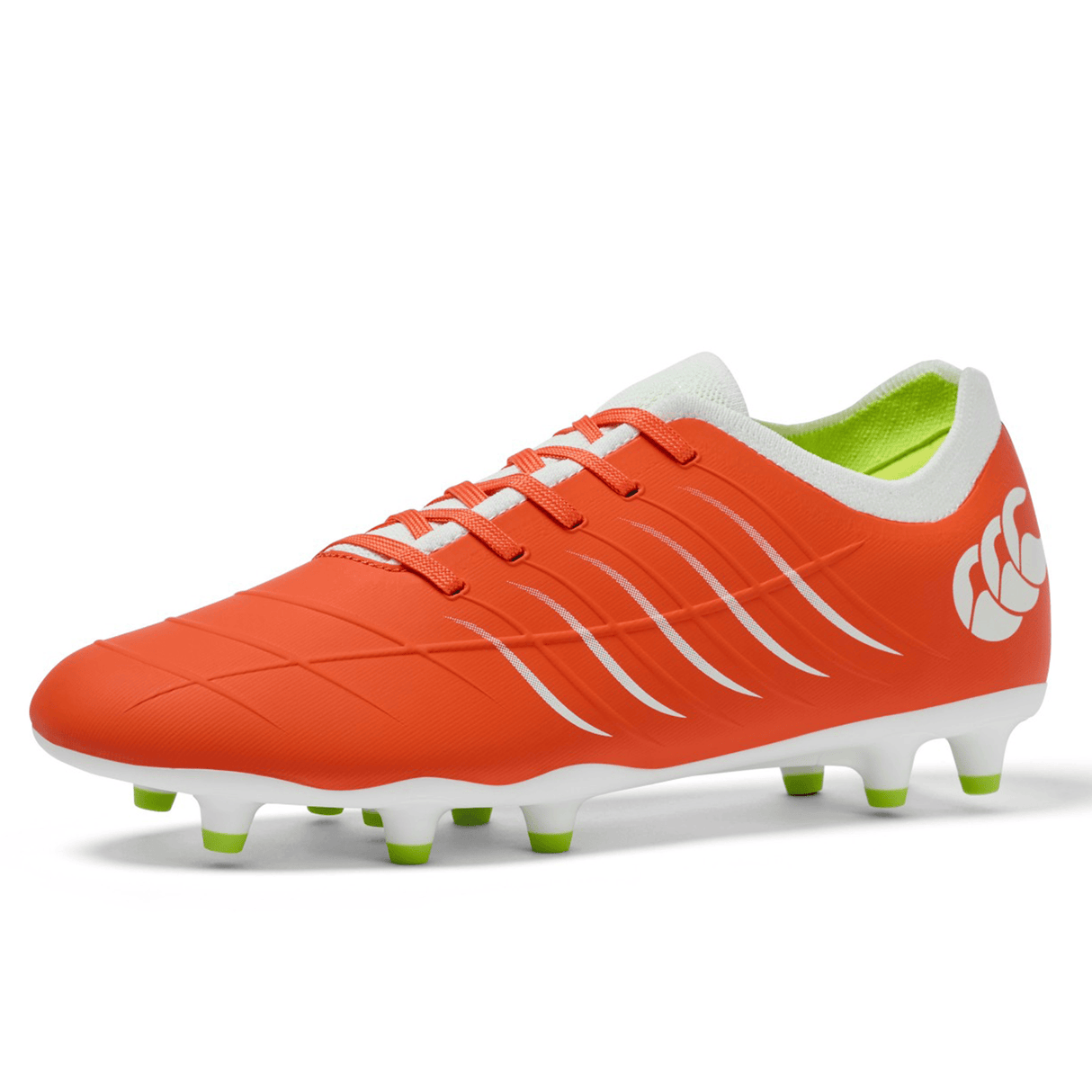 A single Canterbury Phoenix 2.0 Pro FG cleat in Tangerine Tango/Snow White, with white accents, laces, and green-tipped studs, is displayed on a Snow White background.