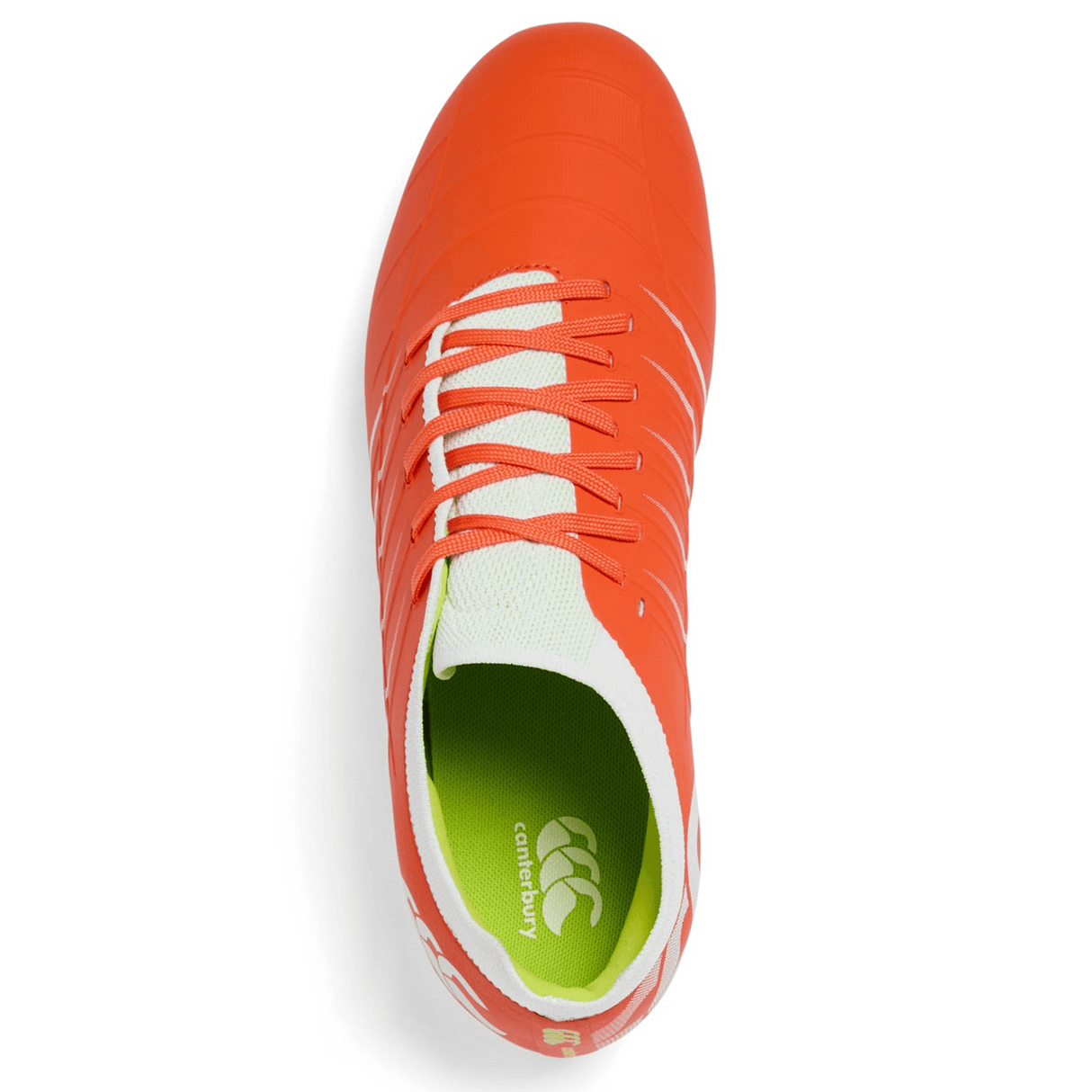 A top view of the Canterbury Phoenix 2.0 Pro FG - Tangerine Tango/Snow White shows white laces and a green insole with the Canterbury logo.