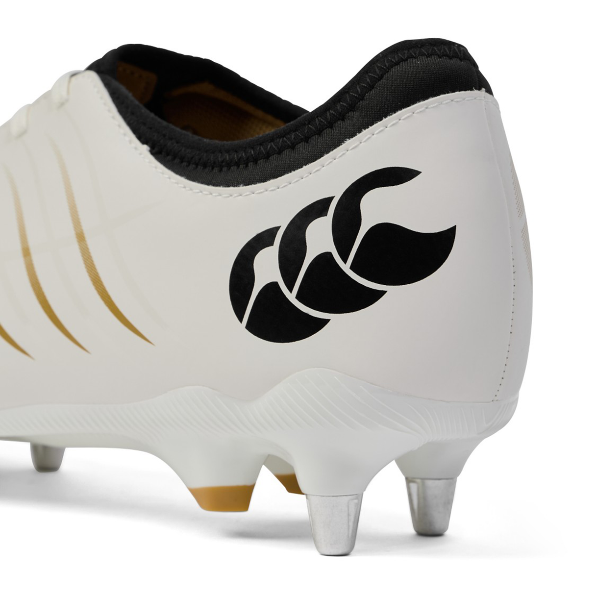 Close-up of the Canterbury Phoenix 2.0 Team SG - White rugby boot heel, with black trim, logo, and metal studs—ideal soft ground boots from Canterbury for excellent traction.