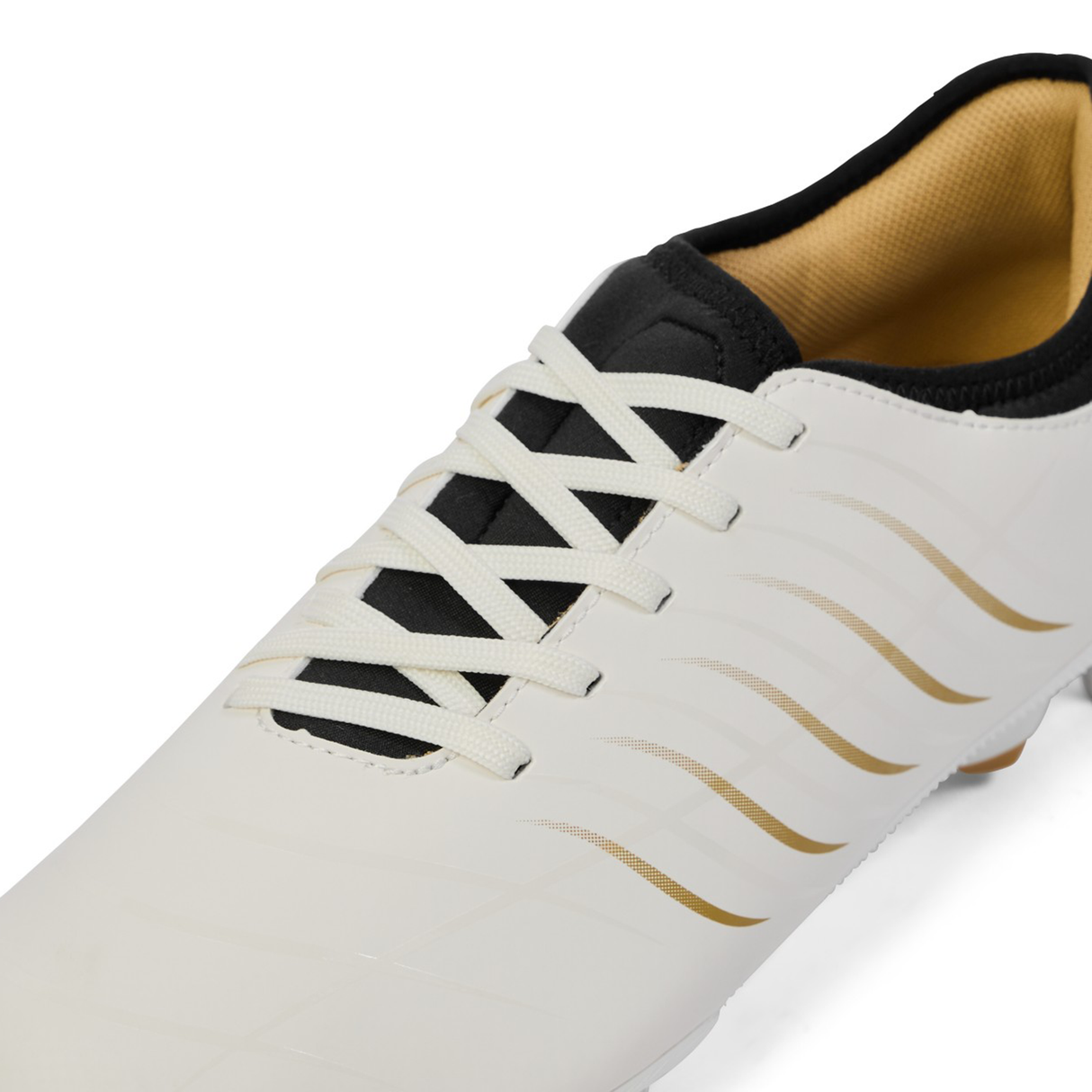 Close-up of the Canterbury Phoenix 2.0 Team SG rugby boot by Canterbury in white, featuring gold accents, white laces, a black tongue, and tan lining.