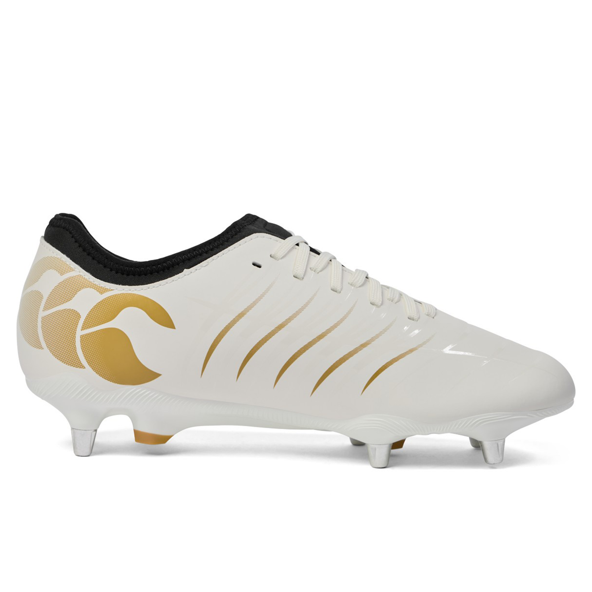 The Canterbury Phoenix 2.0 Team SG rugby boots by Canterbury feature a white and gold design with black trim, metal studs, laces, and a stylized heel logo, shown in side profile against a white background.