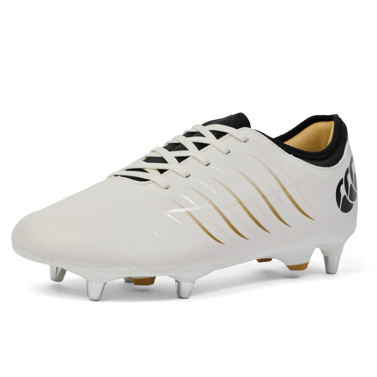 The Canterbury Phoenix 2.0 Team SG - White rugby boot by Canterbury features black and gold accents, metal studs, and a lace-up design—ideal soft ground boots for serious players, shown on a plain white background.