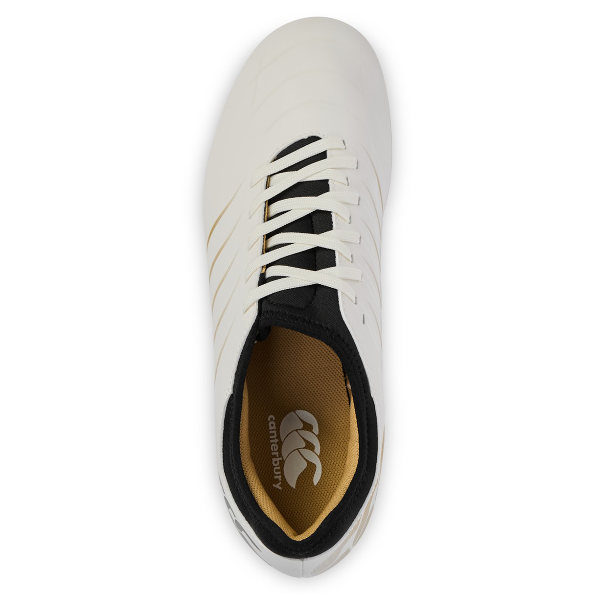 Top view of the Canterbury Phoenix 2.0 Team SG rugby boot in white by Canterbury, featuring black accents, white laces, a brown interior, and displaying the Canterbury logo.