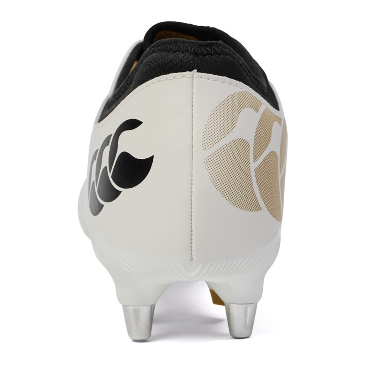 Rear view of the Canterbury Phoenix 2.0 Team SG rugby boot in white by Canterbury, showing black and gold logos on the heel and two metal studs on the sole.