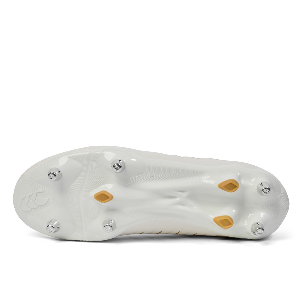 Bottom view of the Canterbury Phoenix 2.0 Team SG - White rugby boot by Canterbury, featuring six metal studs and two yellow accents on the sole.