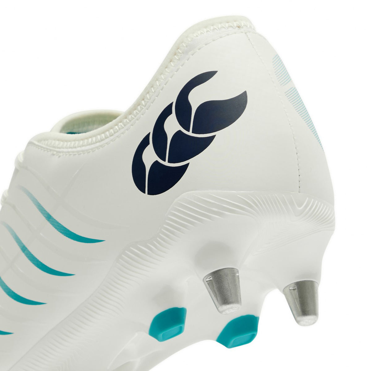 Close-up of the heel of a white Canterbury Phoenix 2.0 Team SG AU Rugby Boot with metal studs and a dark logo.