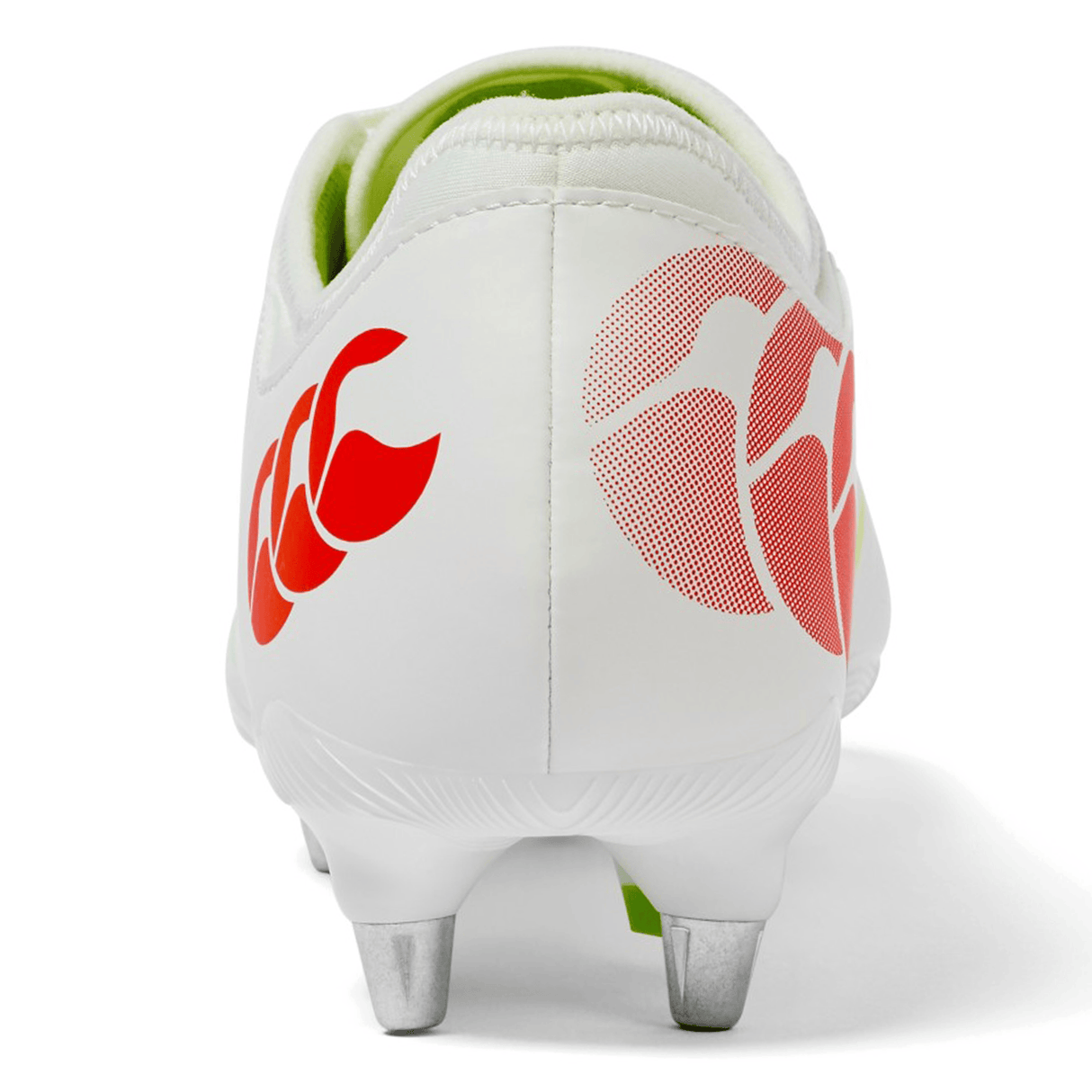 A close-up rear view of the Canterbury Phoenix 2.0 Team SG rugby boot by Canterbury, in Snow White/Tangerine Tango, showcasing bold red graphics and silver metal studs—perfect for top soft ground rugby performance.