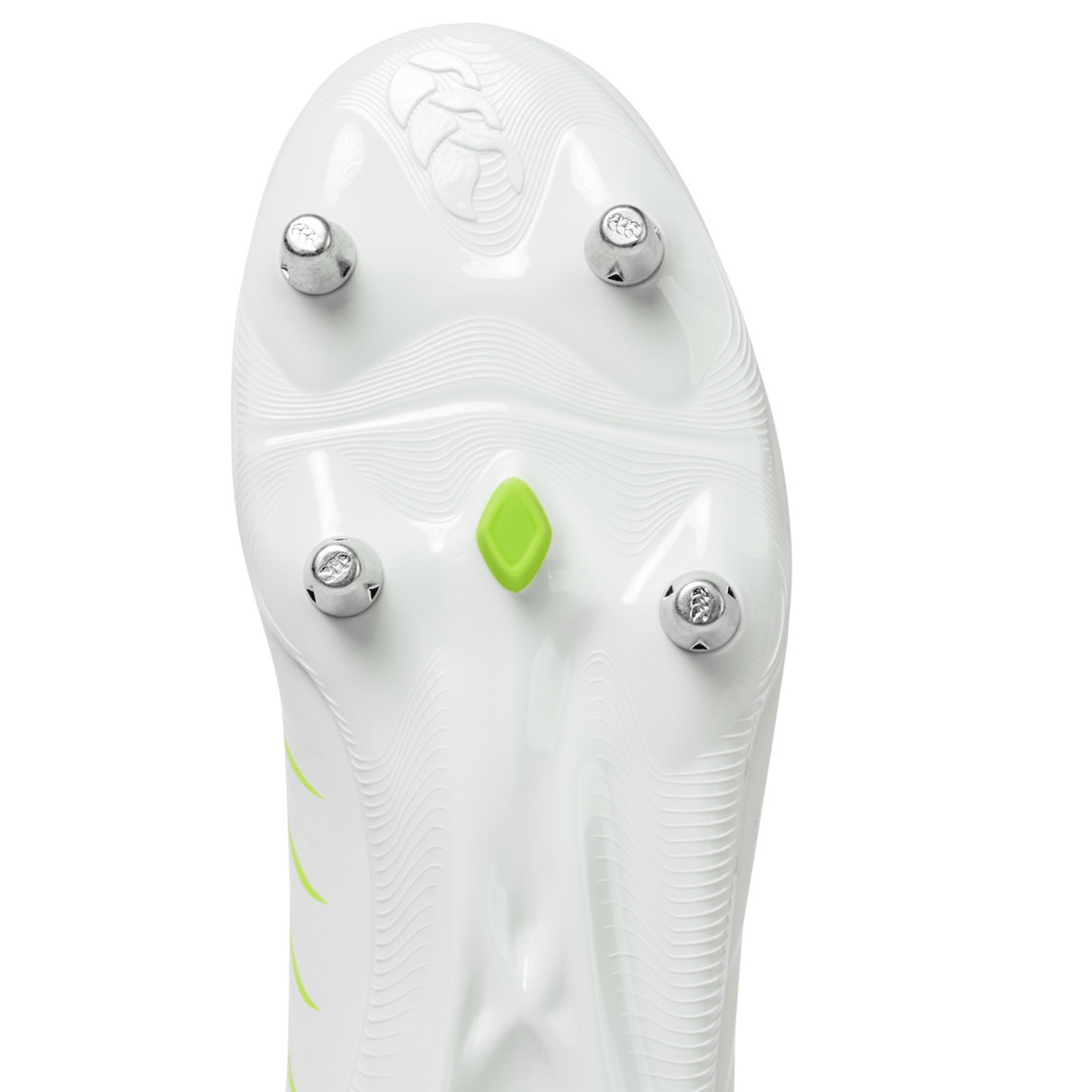Close-up of the sole of the Canterbury Phoenix 2.0 Team SG - Snow White/Tangerine Tango boot, featuring four metal studs and a central green plastic stud for versatile soft ground performance.