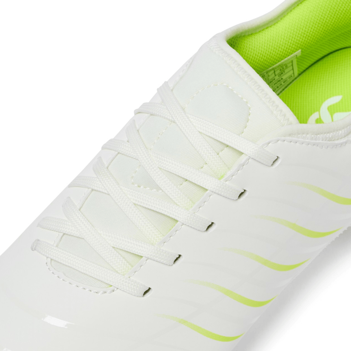 Close-up of the Canterbury Phoenix 2.0 Team SG rugby boot in Snow White/Tangerine Tango, featuring white laces and a sleek design—a versatile choice from Canterbury for any match.