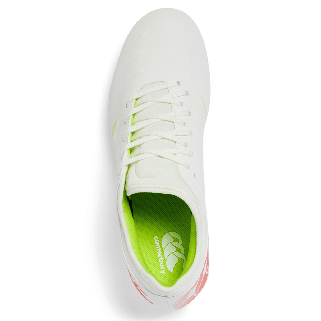 Top view of the Canterbury Phoenix 2.0 Team SG rugby boots by Canterbury—featuring laces, a neon green insole with the logo, and pink detail on the Snow White/Tangerine Tango heel.