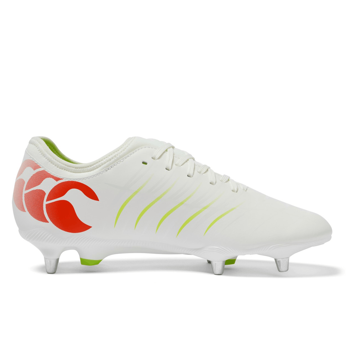 The Canterbury Phoenix 2.0 Team SG rugby boot by Canterbury, shown in Snow White/Tangerine Tango with metal studs and laces, is displayed in a side view on a white background—ideal for soft ground play.
