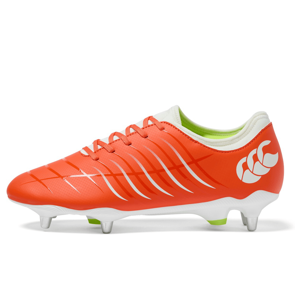 A close-up of Canterbury Phoenix 2.0 Team SG rugby boots in Tangerine Tango/Snow White, designed for wet conditions.