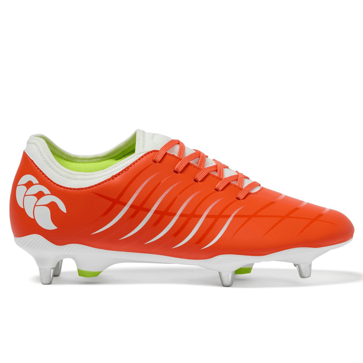 The Canterbury Phoenix 2.0 Team SG rugby boot in Tangerine Tango/Snow White features a bright orange design with white accents, metal studs, green lining, lace-up closure, and a logo on the heel—ideal for wet conditions.