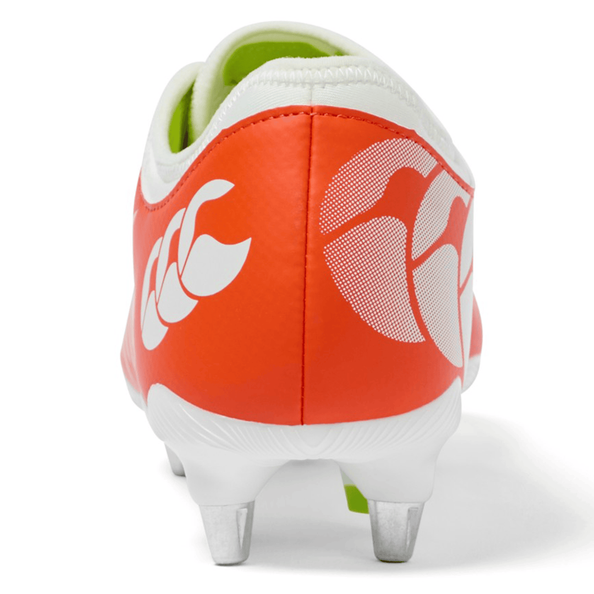Close-up rear view of the Canterbury Phoenix 2.0 Team SG rugby boot in Tangerine Tango/Snow White, featuring metal studs and a white heel logo—ideal for wet conditions.