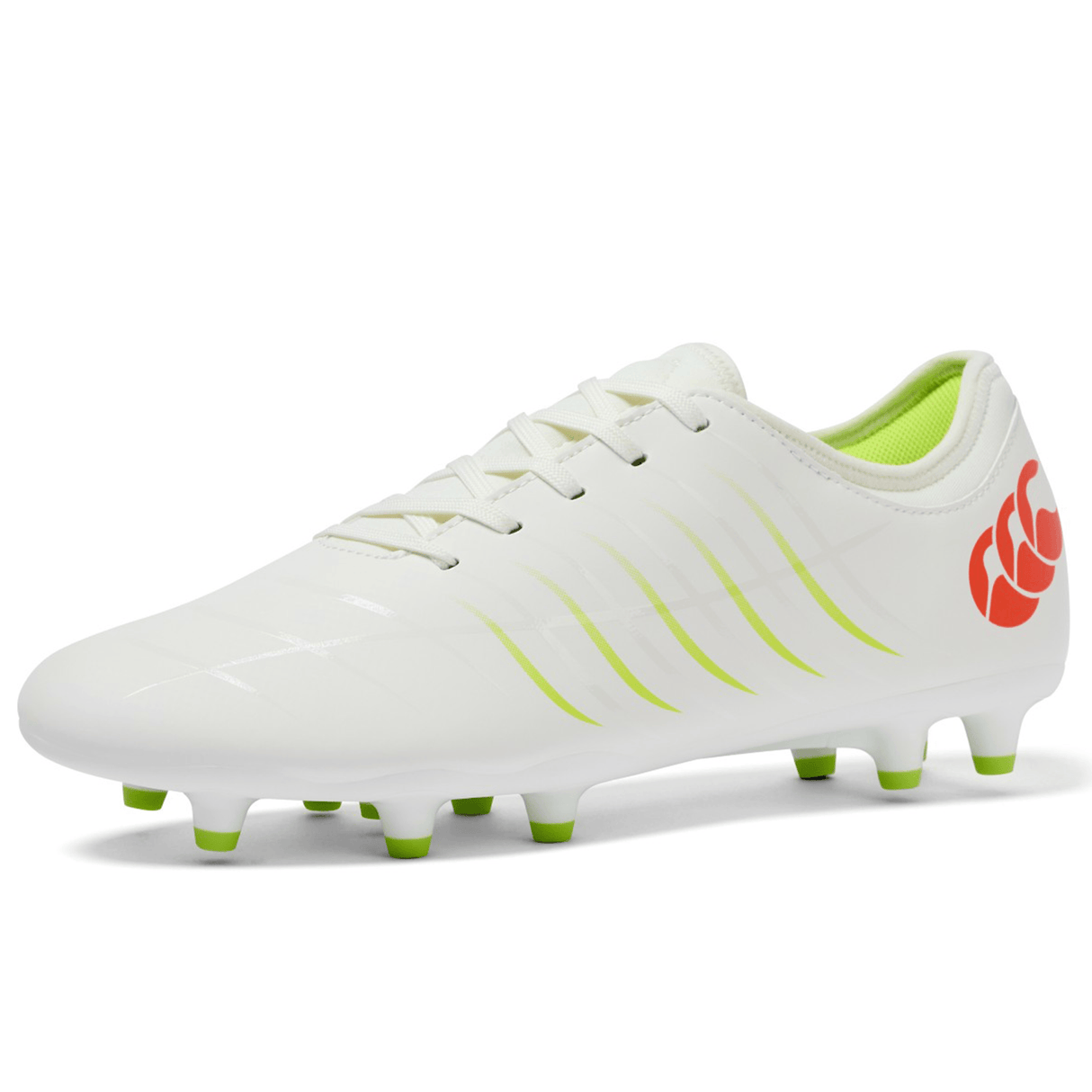 The Canterbury Phoenix 2.0 Team FG football boot in Snow White/Tangerine Tango features green accents, lime green studs, and an orange heel logo, with a durable build by Canterbury, shown on a white background.