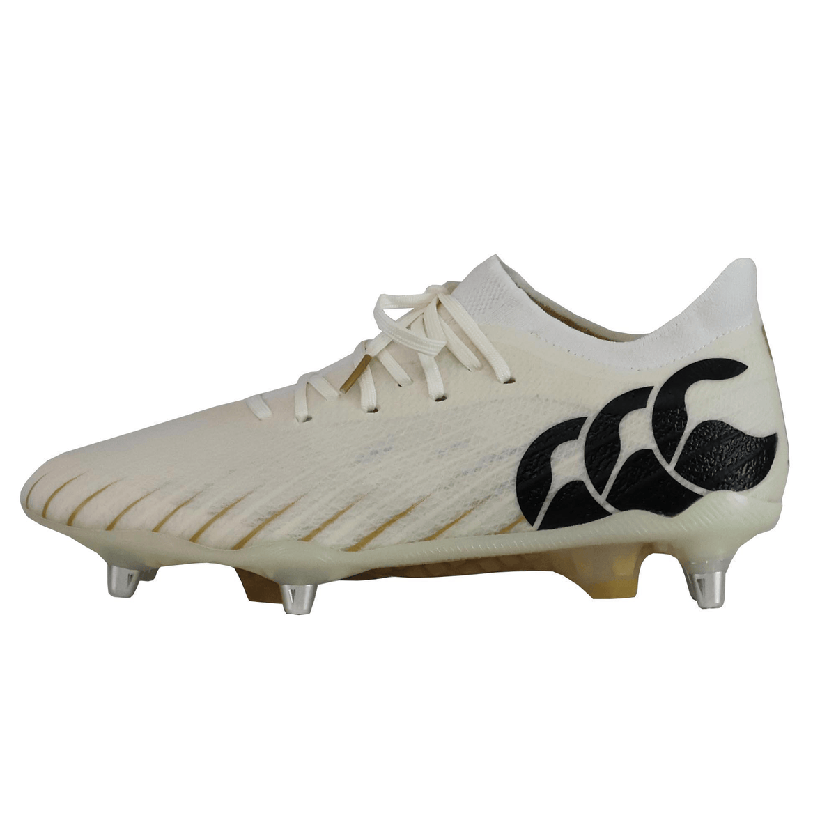 The Speed Falcon Elite SG by Canterbury—white rugby boots with a black logo, lace-up design, and metal studs—offer agile performance on soft ground.