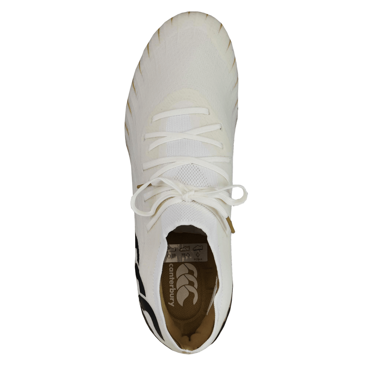 Top view of the Canterbury Speed Falcon Elite SG in white, an athletic shoe with black side detailing, laces, and a branded insole—designed in the classic style of rugby boots.