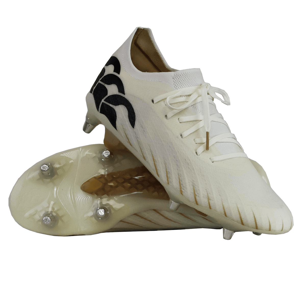 The Canterbury Speed Falcon Elite SG boots in white feature black accents, metal sole studs, and white laces. One boot is upright and the other sole-up—perfect for soccer or rugby.