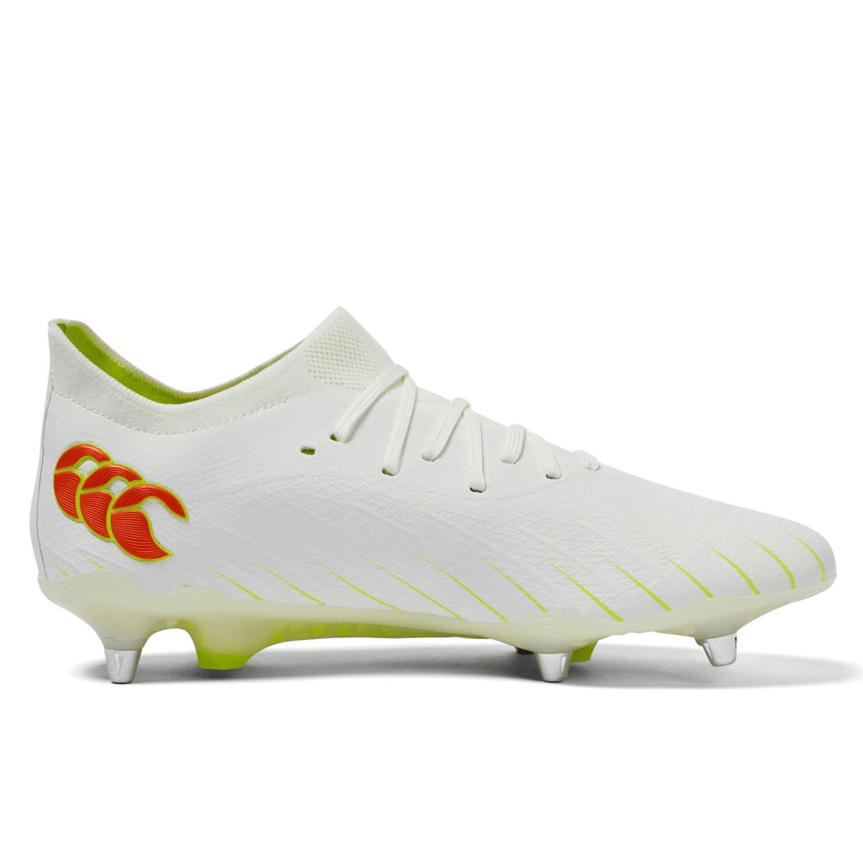 The Canterbury Speed Falcon Elite SG rugby boots in Snow White/Tangerine Tango feature a lace-up design, red side logo, and metal studs—engineered by Canterbury for elite-level performance on soft ground.