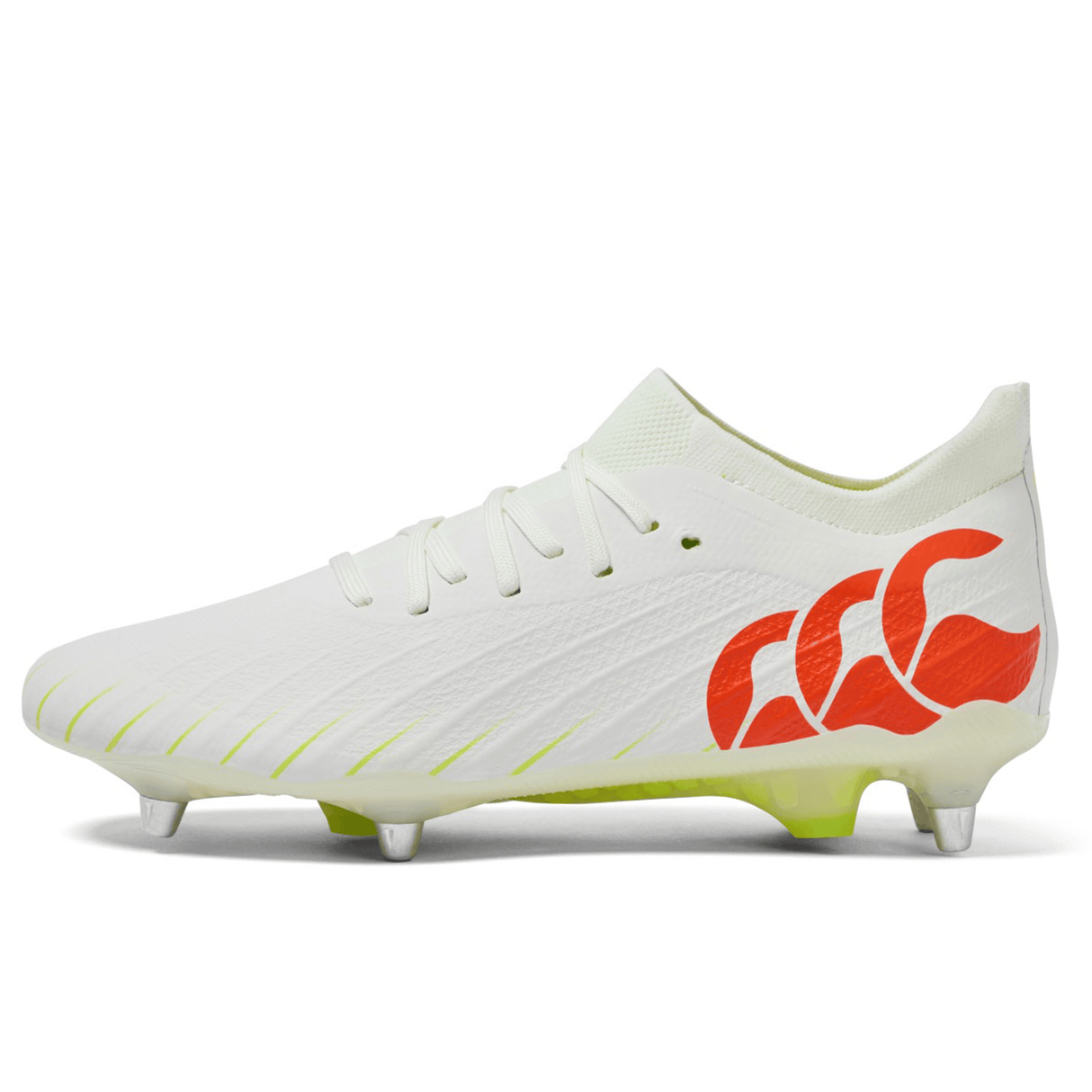The Canterbury Speed Falcon Elite SG in Snow White/Tangerine Tango features yellow accents, a red Canterbury logo on the side, and metal studs designed for elite rugby performance on soft ground.