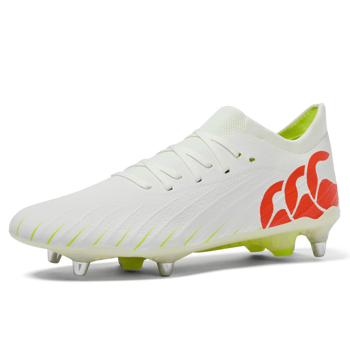 The Canterbury Speed Falcon Elite SG rugby boot in Snow White/Tangerine Tango features red logo details, lime green accents, and metal studs for elite soft ground play. Shown on a plain white background.