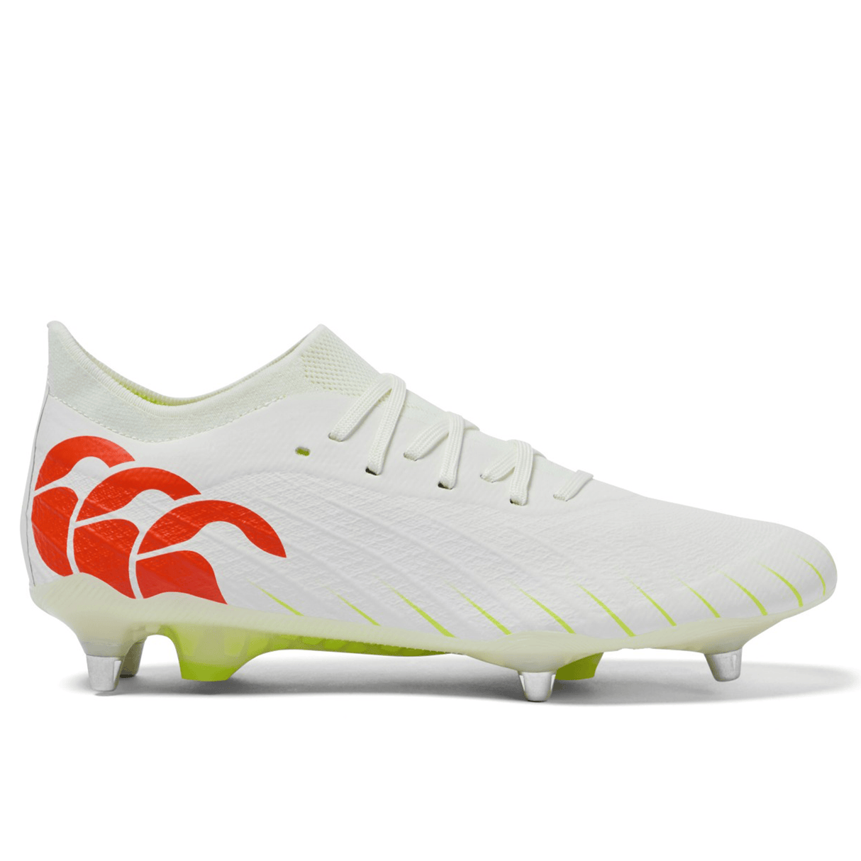 The Canterbury Speed Falcon Elite SG - Snow White/Tangerine Tango is a white rugby boot with tangerine heel designs, neon yellow sole accents, and metal studs—perfect for elite-level performance on soft ground.