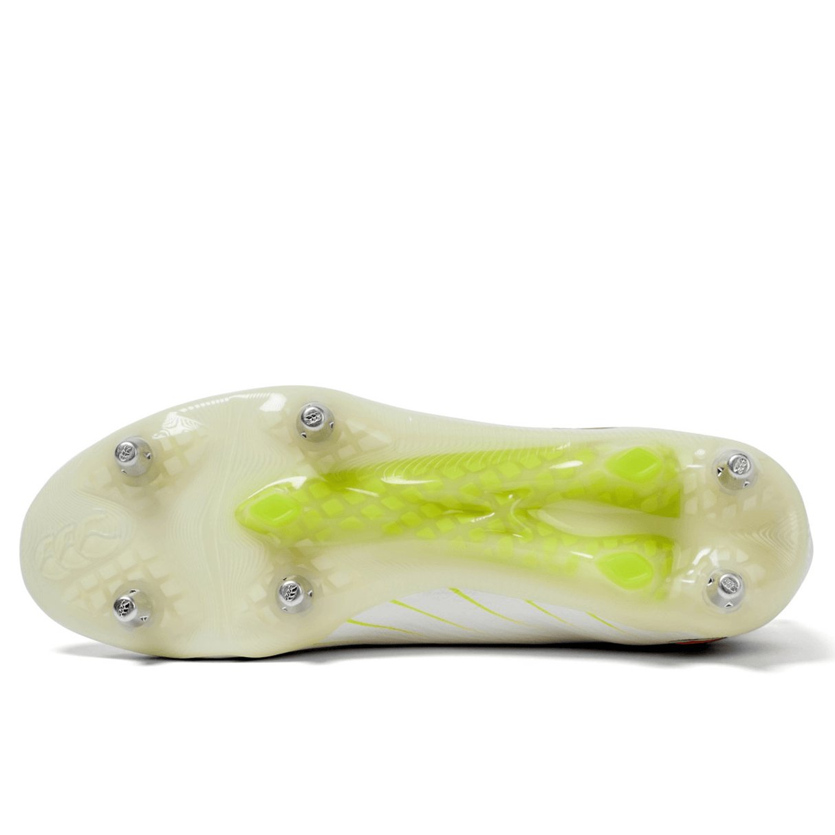 Close-up of the sole of the Canterbury Speed Falcon Elite SG - Snow White/Tangerine Tango, featuring six metal studs and a translucent yellow-white design—engineered by Canterbury for elite performance on soft ground.