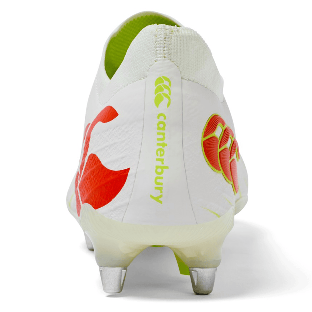 Rear view of the Canterbury Speed Falcon Elite SG rugby boot in Snow White/Tangerine Tango, featuring metal studs and visible Canterbury branding—designed for elite-level performance on soft ground.