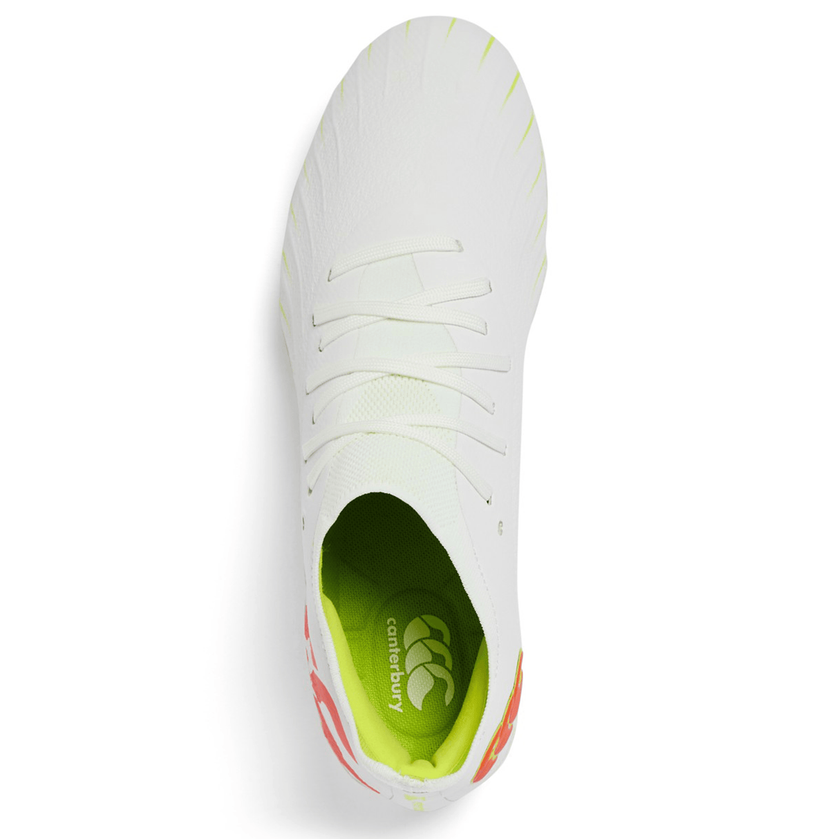 Top view of the Canterbury Speed Falcon Elite SG - Snow White/Tangerine Tango, elite soft ground rugby boots featuring subtle yellow and orange accents and the Canterbury logo on the green insole.