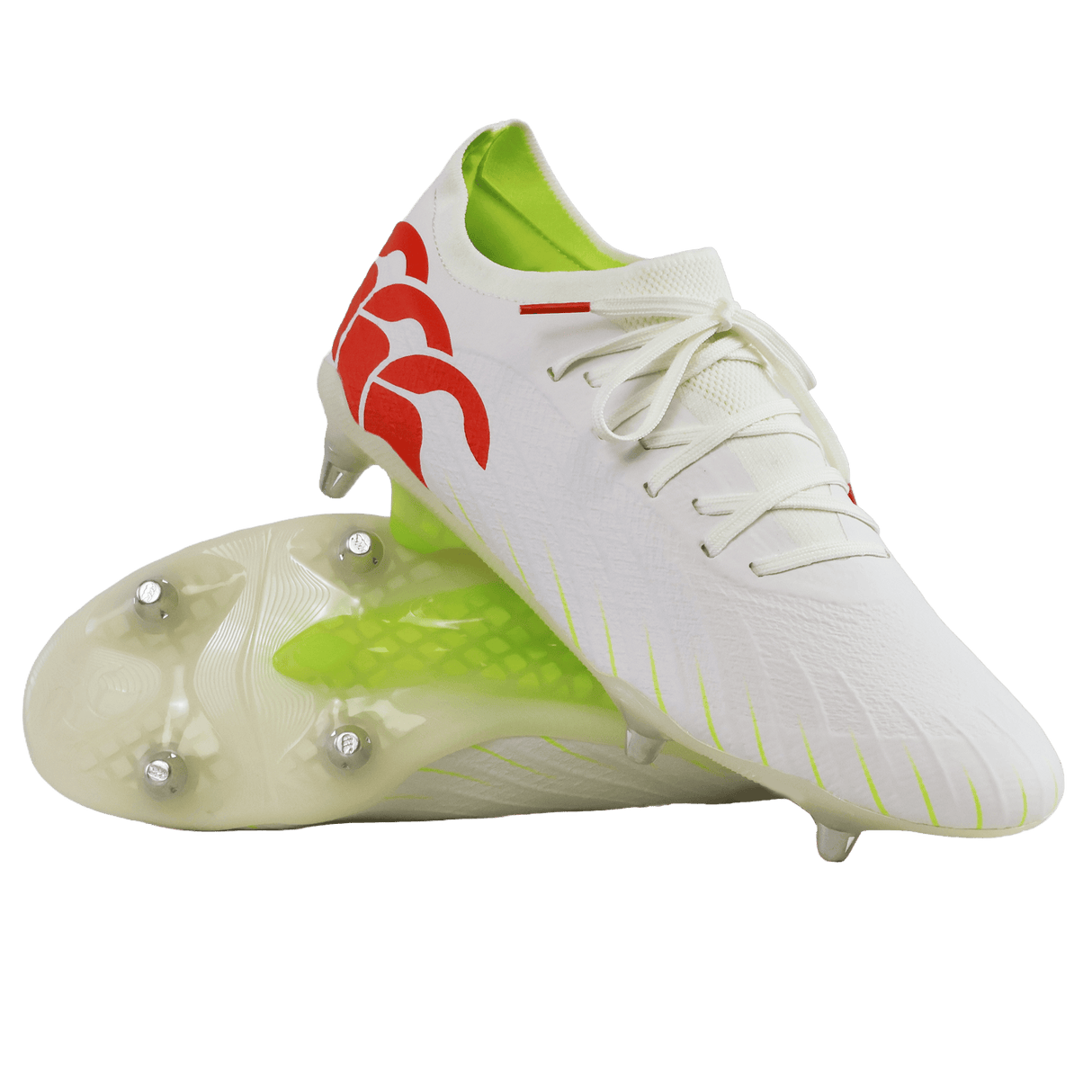 A pair of Canterbury Speed Falcon Elite SG rugby boots in Snow White/Tangerine Tango, featuring a neon green interior, with one boot upright and the other showing metal studs for elite soft ground performance.