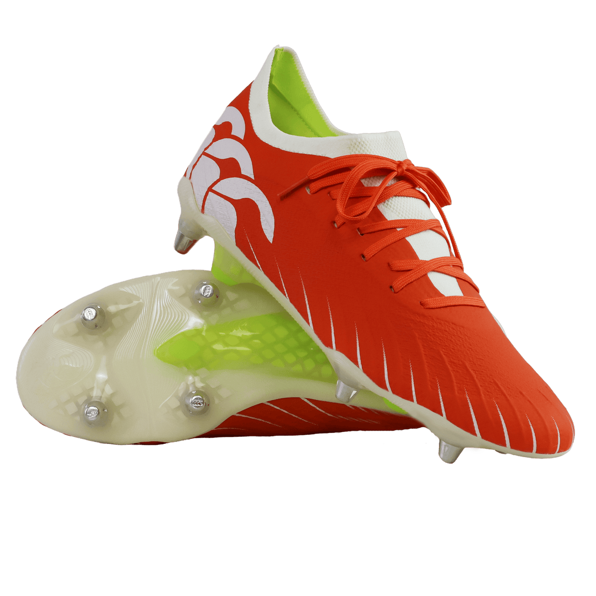 The Canterbury Speed Falcon Elite SG rugby boots in Tangerine Tango/Snow White feature metal studs, white accents and laces, a white and green inner lining, and are shown on a white background.