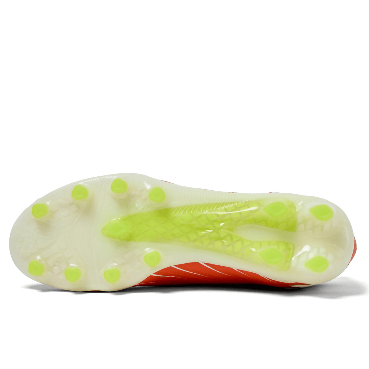 Bottom view of the Canterbury Speed Falcon Elite FG in Tangerine Tango/Snow White by Canterbury, a lightweight football boot with a white sole, lime green studs, and a textured midfoot plate ensuring exceptional grip on firm ground.
