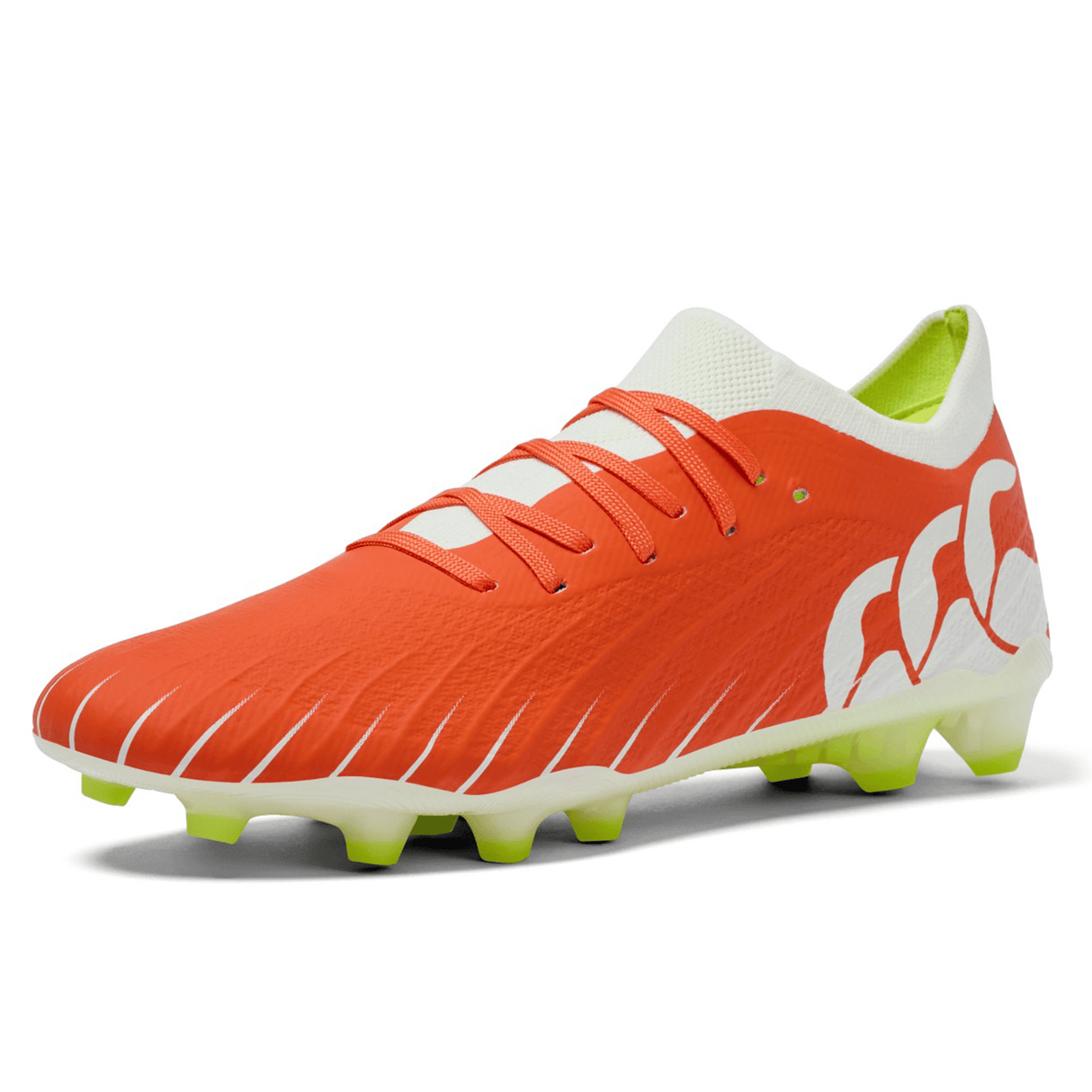 The Canterbury Speed Falcon Elite FG in Tangerine Tango/Snow White is a lightweight football boot with yellow studs, white logo and laces, displayed on a plain background.