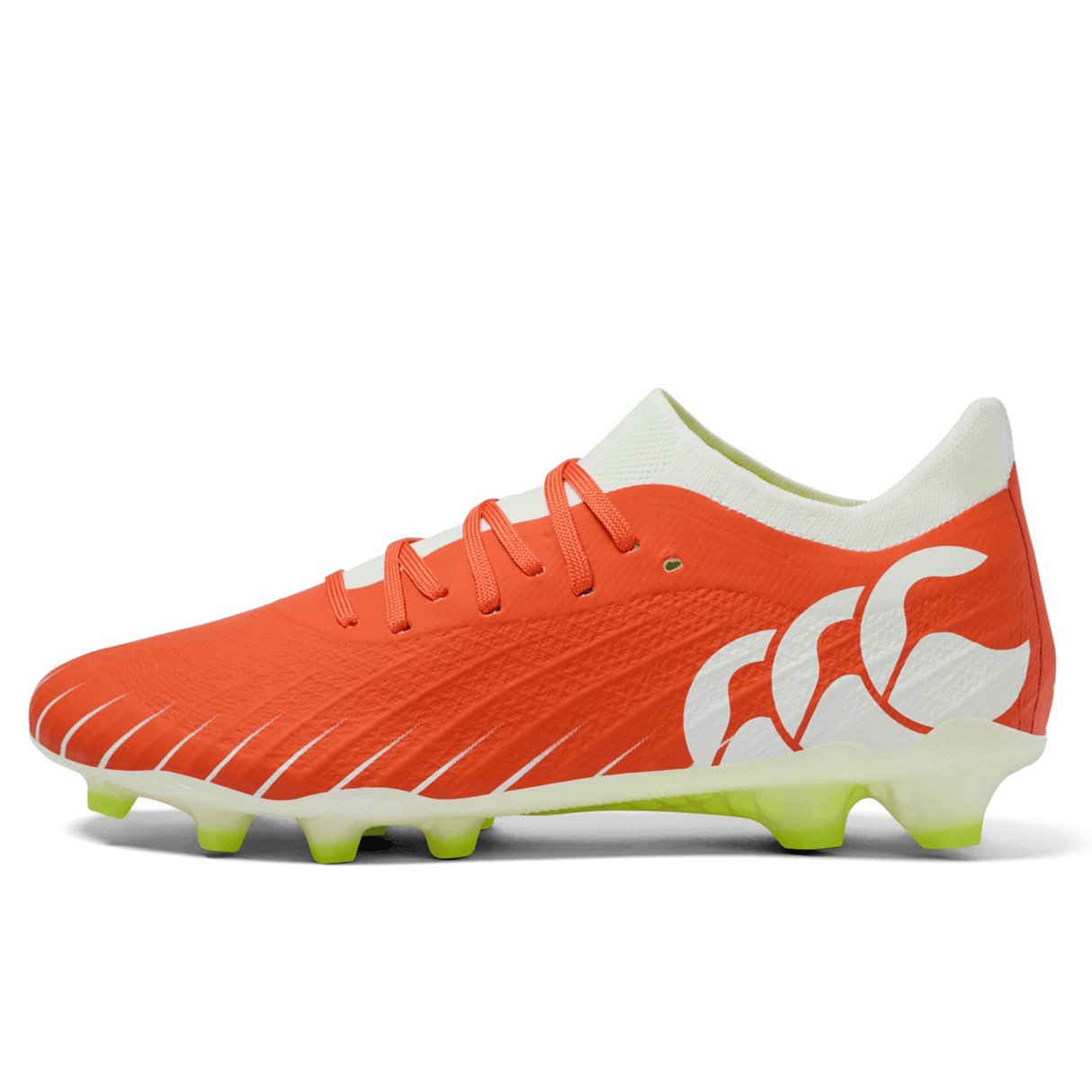 The Canterbury Speed Falcon Elite FG football boots in Tangerine Tango/Snow White feature a lightweight design, white laces, bold branding, and a neon yellow studded sole—ideal firm ground boots for quick, agile play.