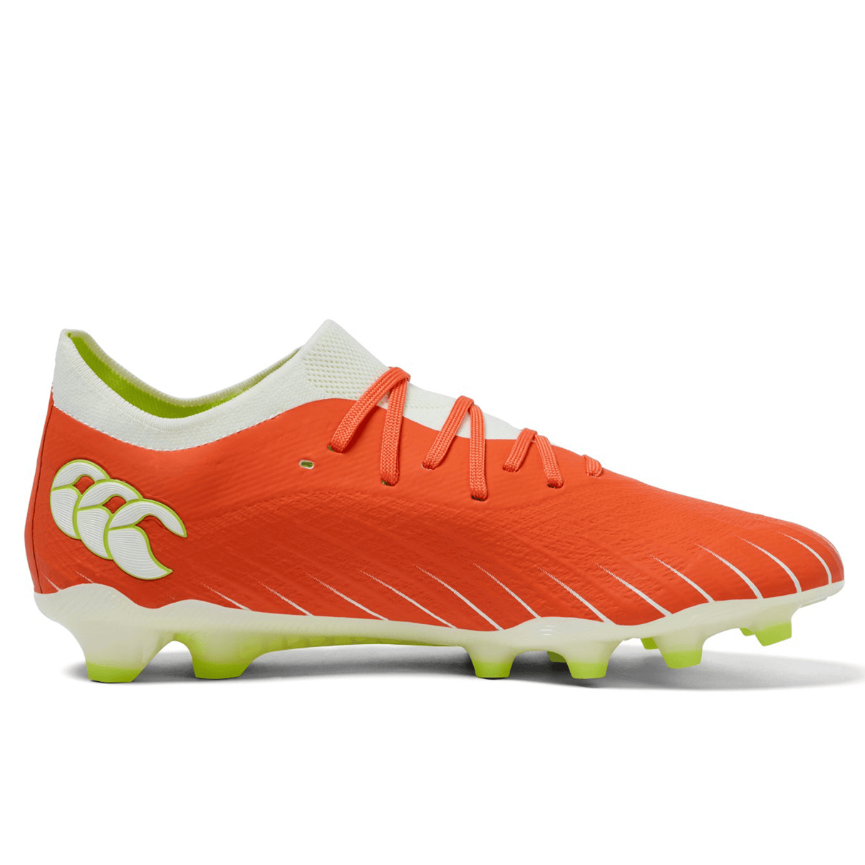 The Canterbury Speed Falcon Elite FG football boot in Tangerine Tango/Snow White features a lime green sole, white heel logo, and orange laces. Shown in side view, this lightweight boot combines bright orange and white for standout style.
