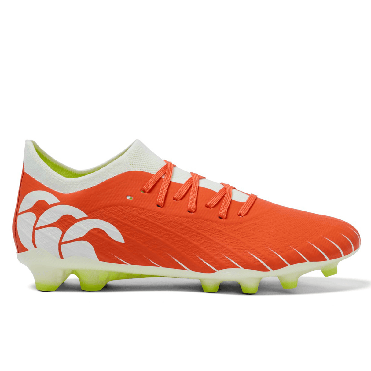 The Canterbury Speed Falcon Elite FG soccer cleat in Tangerine Tango/Snow White features a bright orange design with white accents and a light green sole, offering lightweight performance for firm ground.