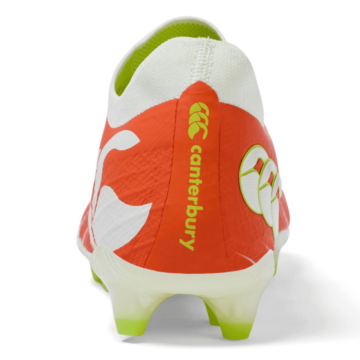 Rear view of the Canterbury Speed Falcon Elite FG rugby boot in Tangerine Tango/Snow White, featuring yellow branding and lime green studs—lightweight firm ground boots designed for speed.