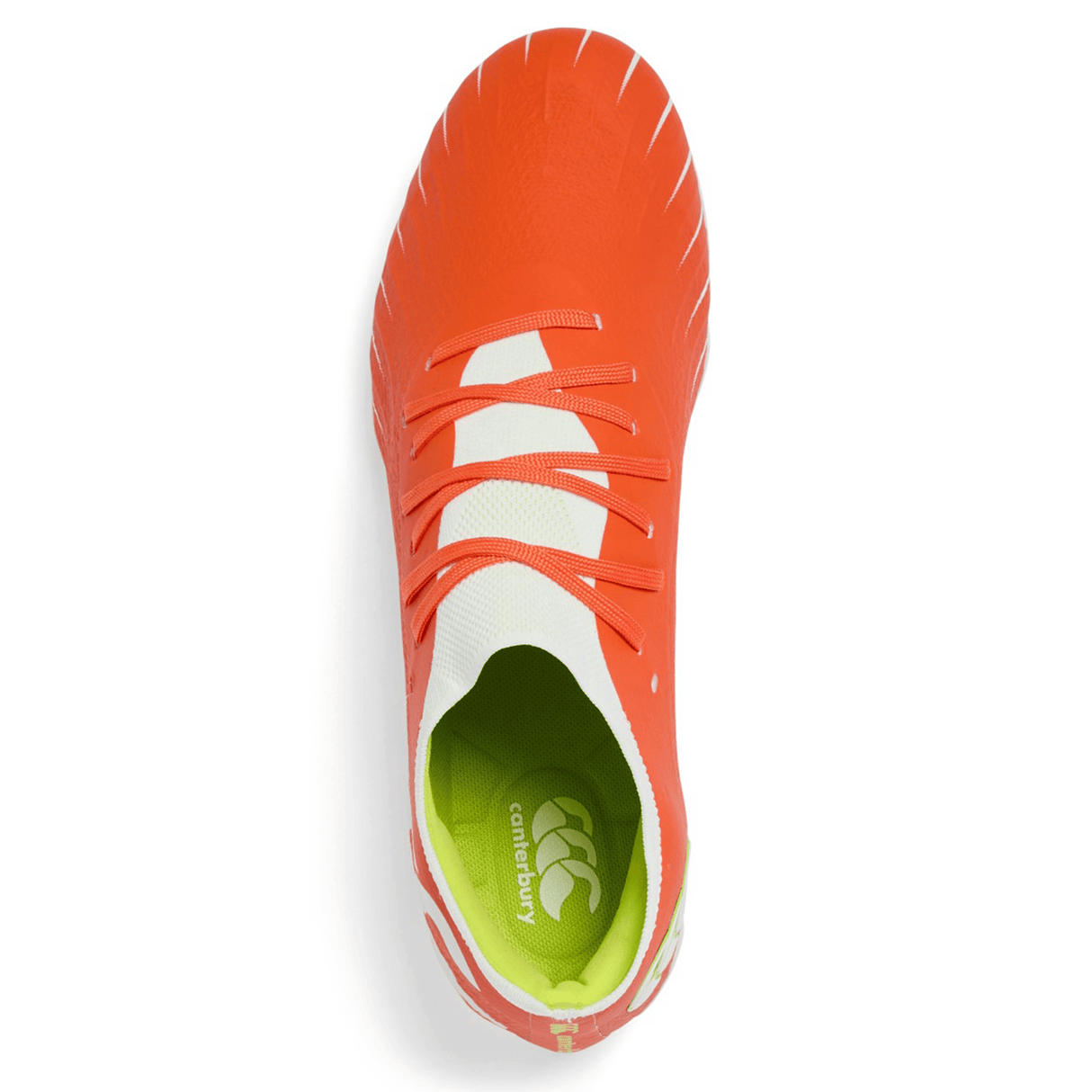 Top view of the Canterbury Speed Falcon Elite FG boots in Tangerine Tango and Snow White with orange laces, light green insole with Canterbury logo—ideal firm ground football boots for athletes seeking style and performance.