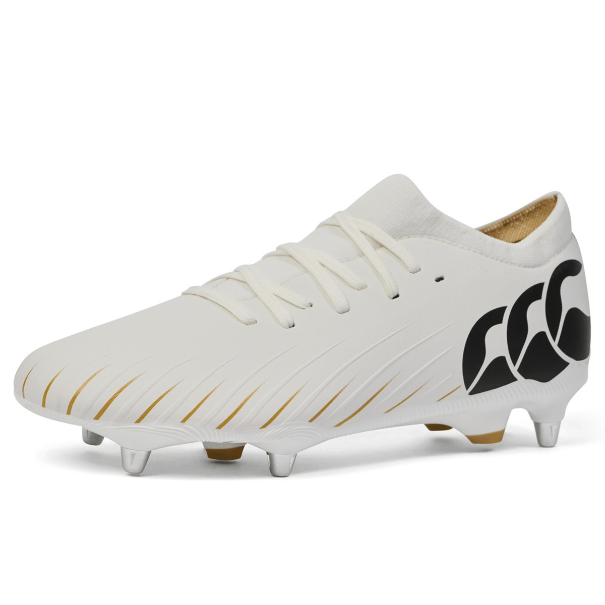 The Canterbury Speed Falcon Pro SG - White is a lightweight soft ground rugby boot with gold accents, a black side logo, and metal studs by Canterbury. Photographed against a plain background.