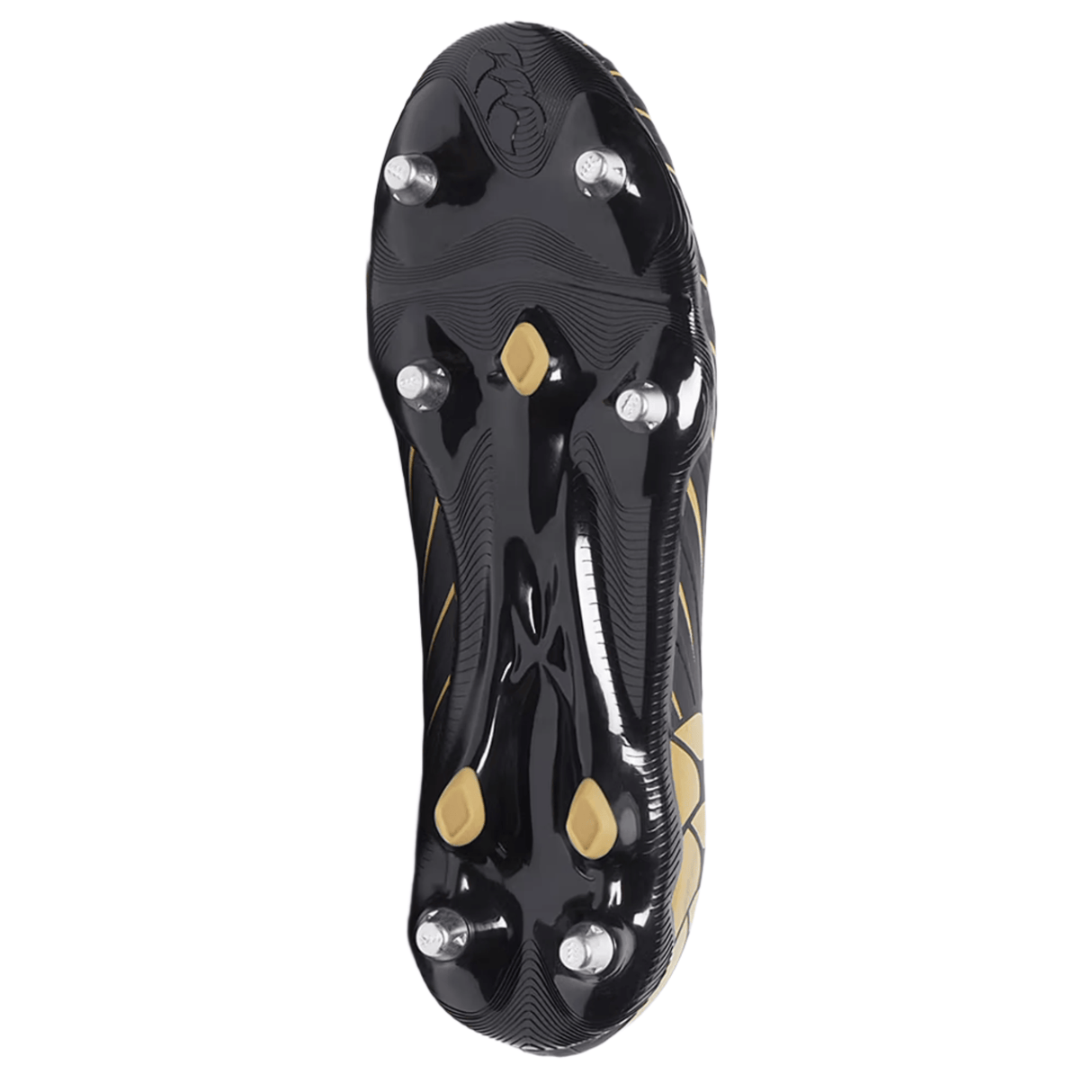 The image shows the black and gold sole of the Canterbury Speed Falcon Pro SG rugby boots, featuring six metal studs and three gold grip points for top performance on soft ground.