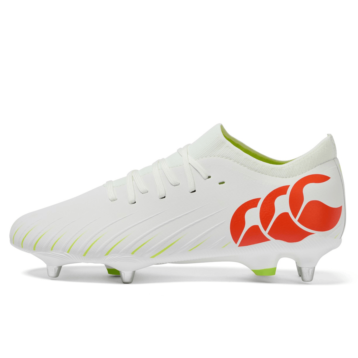 The Canterbury Speed Falcon Pro SG - Snow White/Tangerine Tango showcases a sleek white design with Tangerine Tango accents, metal studs, and a bold red logo for standout style on the field.