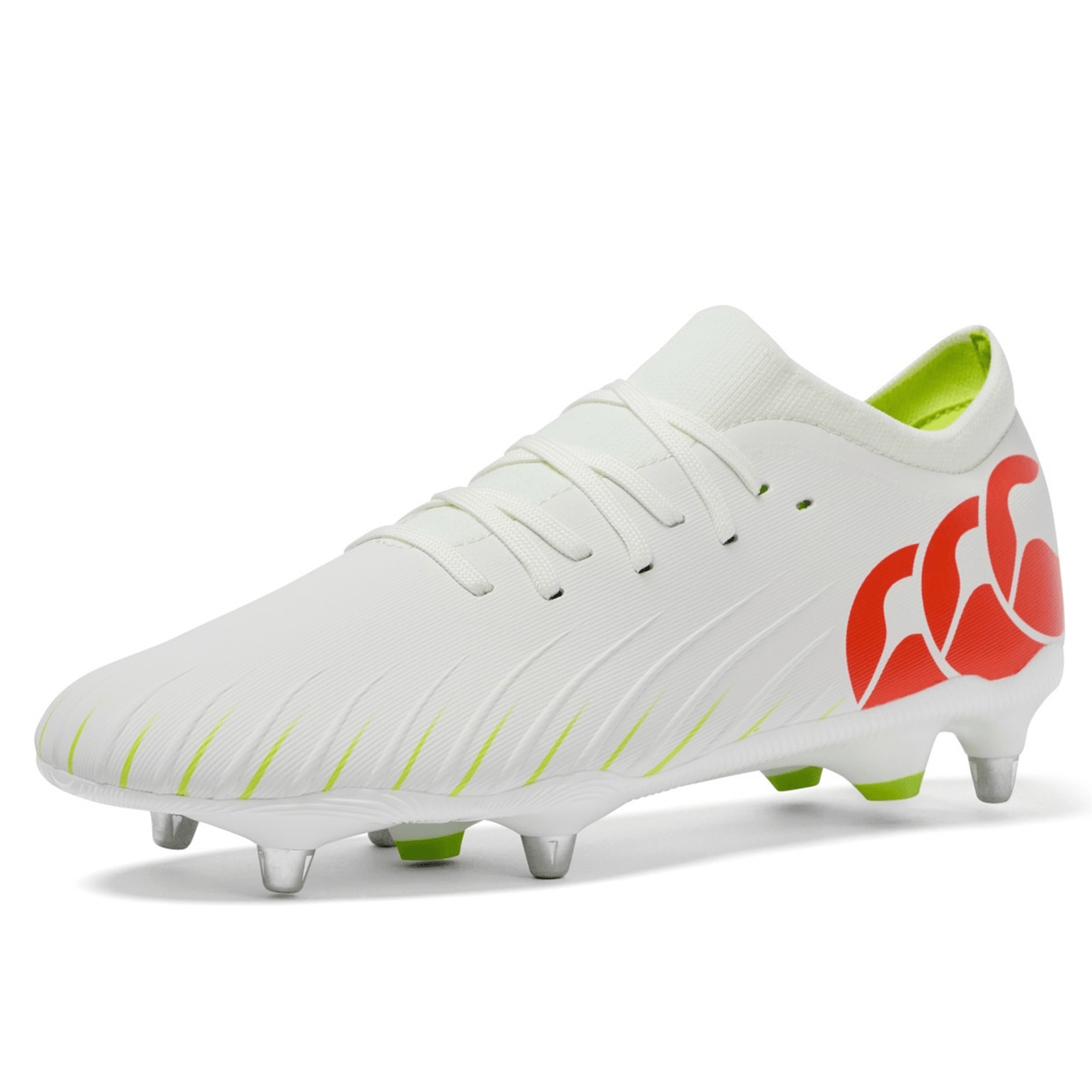 The Canterbury Speed Falcon Pro SG - Snow White/Tangerine Tango rugby boot by Canterbury features green accents, a bold Tangerine Tango logo, lace-up closure, and metal studs on the sole, set against a plain white background.