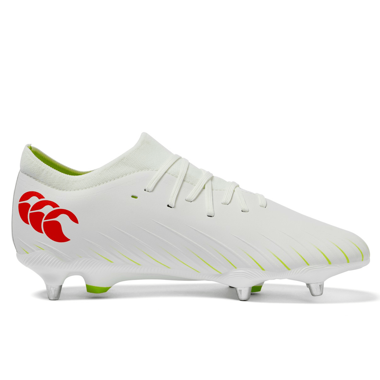The Canterbury Speed Falcon Pro SG rugby boot in Snow White/Tangerine Tango features laces, metal studs, subtle green accents, and a bold red heel logo.