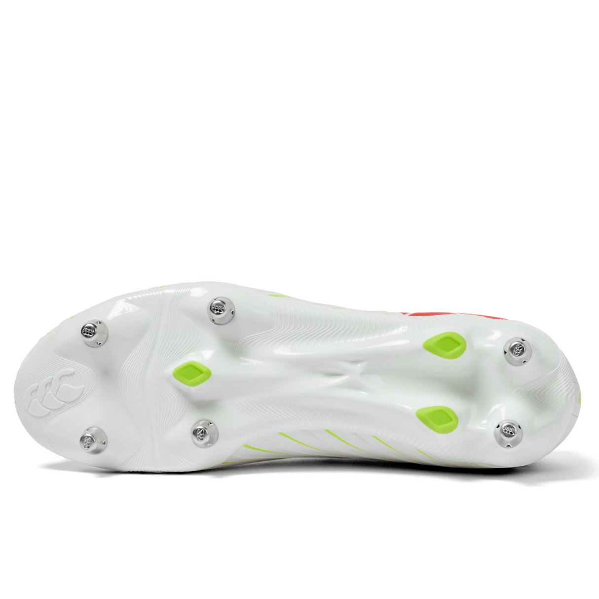 The image features the Canterbury Speed Falcon Pro SG sports cleat in Snow White/Tangerine Tango, displaying its textured sole with six metal studs.