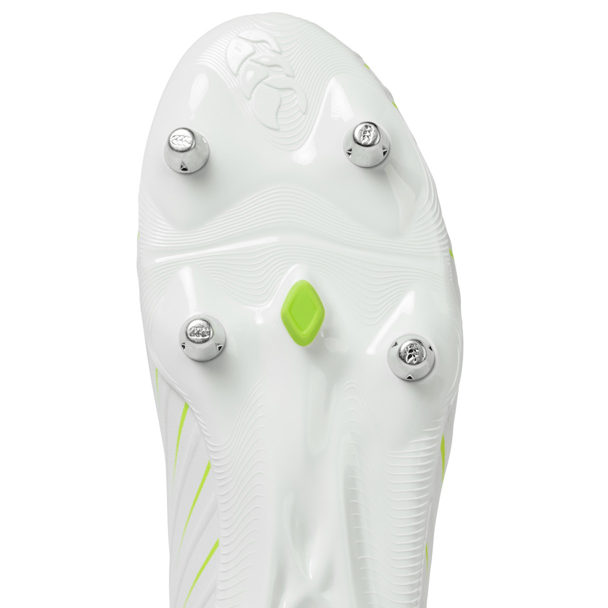Close-up of the Canterbury Speed Falcon Pro SG sole in Snow White/Tangerine Tango, showing four metal studs and a bold green and Tangerine Tango accent at the center.