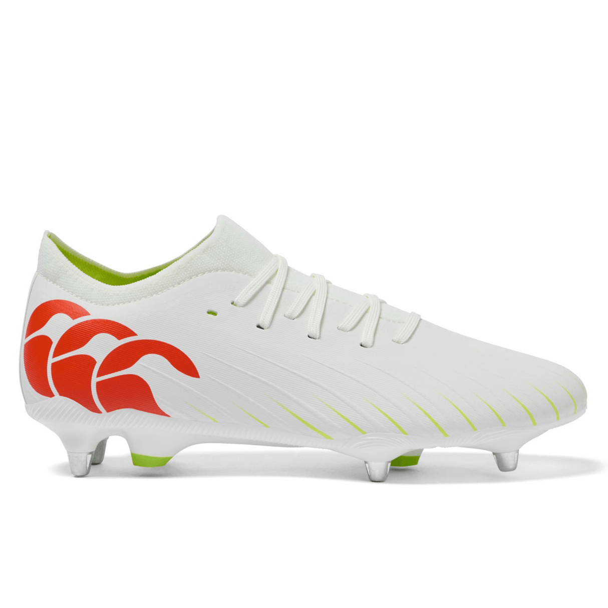 The Canterbury Speed Falcon Pro SG soccer cleat in Snow White/Tangerine Tango features red wave patterns and green accents on the studs and laces, displayed in a side profile against a plain background.